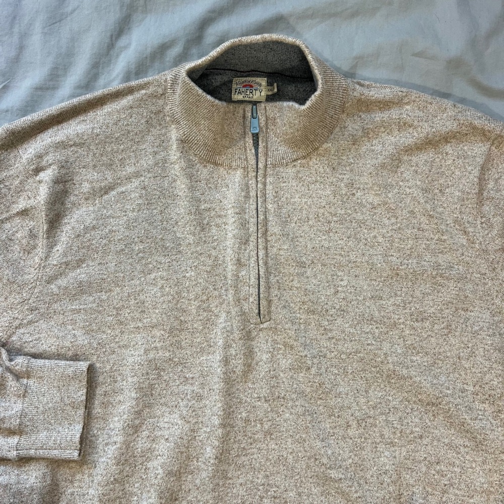FAHERTY Brand Men's Heathered Tan 1/4‎ Zip Cotton 5% Cashmere Blend Sweater XXL